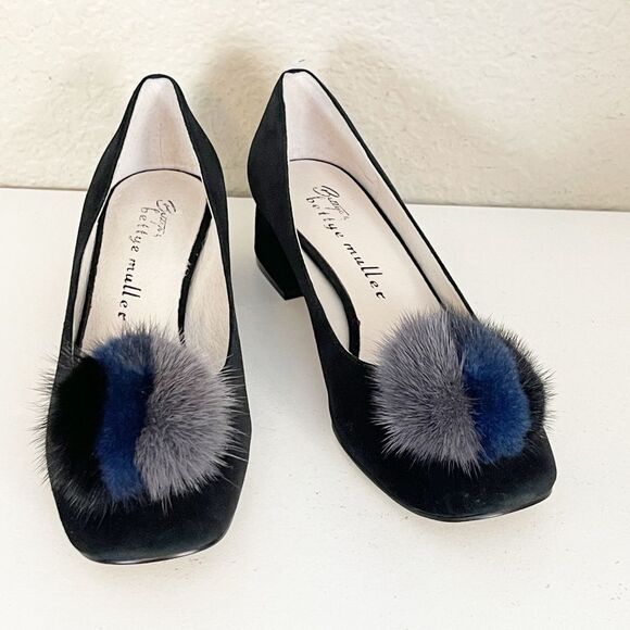 Bettye Muller Black and Blue Fur Accent Heels 8 - Picture 4 of 13